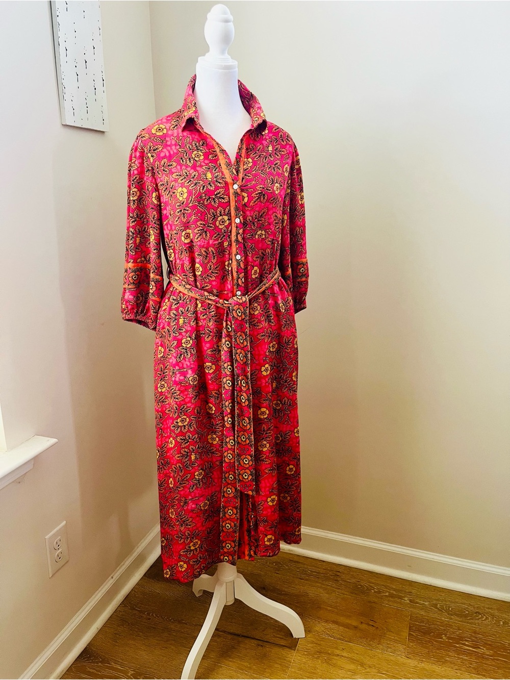 CELINA MOON Pink Floral Button-Front Midi Dress with Tie Belt; Size Medium